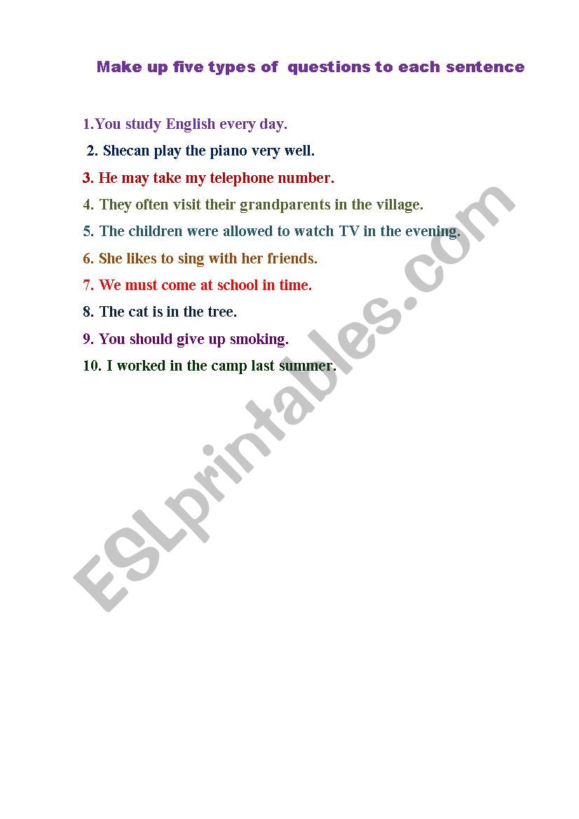 Types of questions worksheet