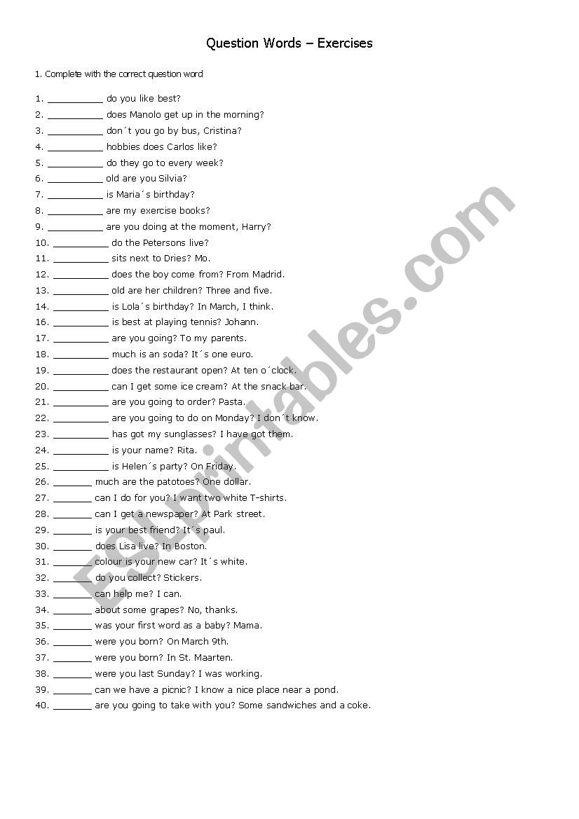 Question Words - Exercises worksheet