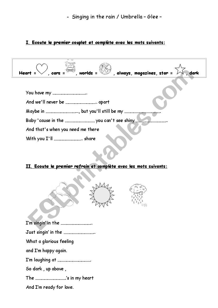 SONG Singing in the rain GLEE worksheet