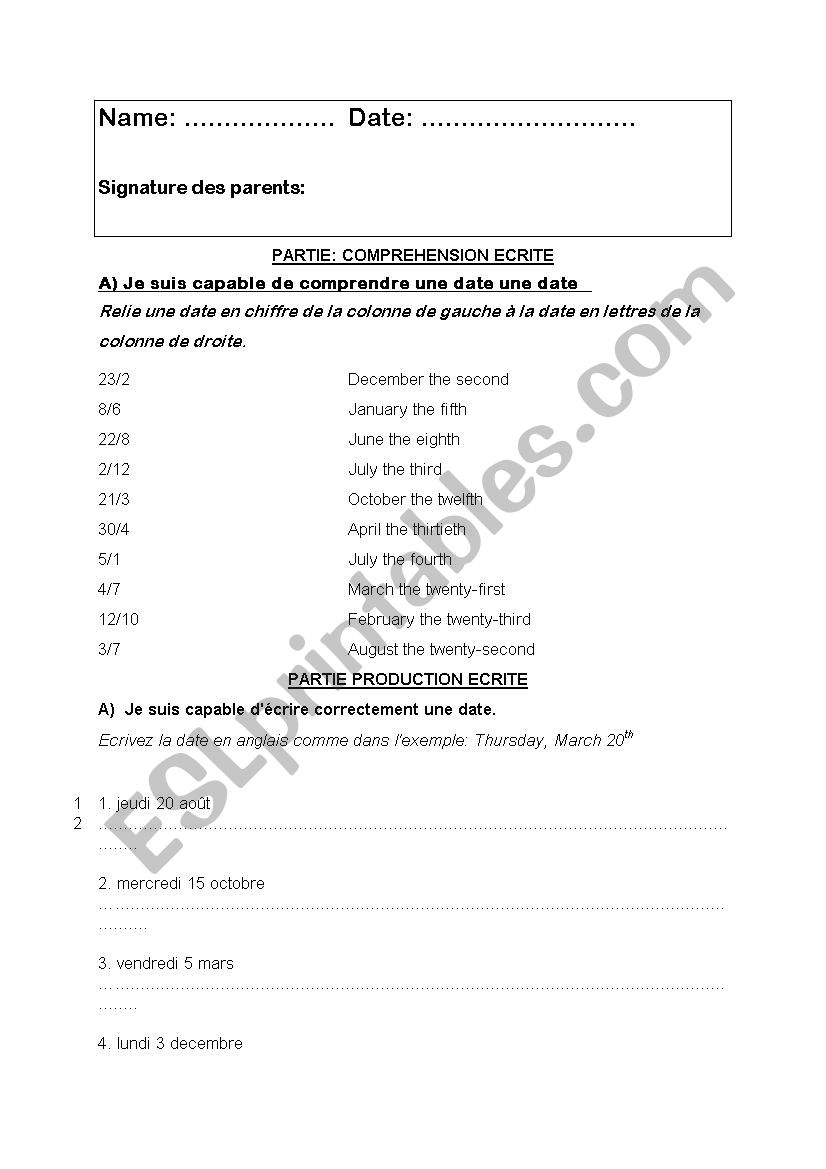 TEST on dates worksheet