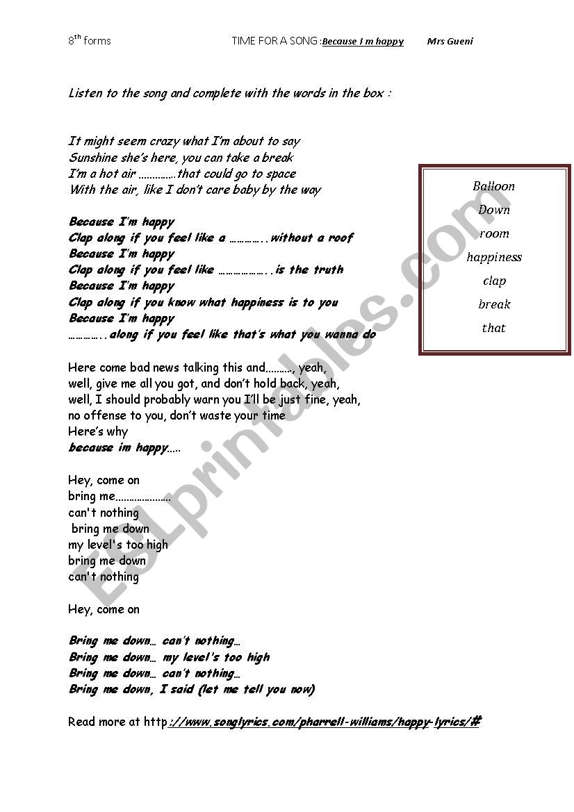 because i m happy song  worksheet