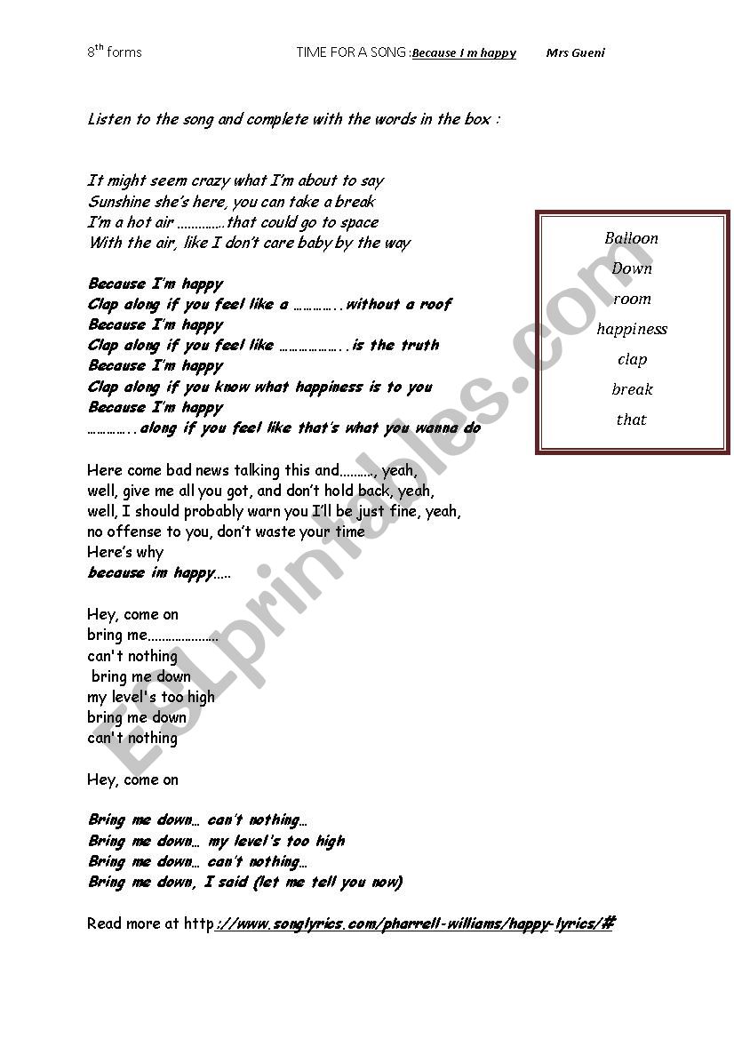 because i m happy song - ESL worksheet by mouna gueni