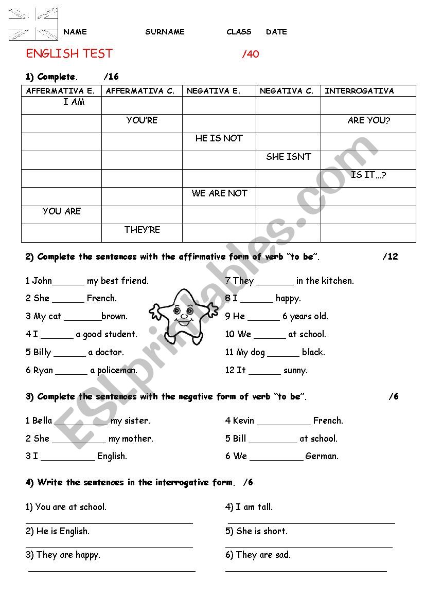 Verb TO BE test worksheet