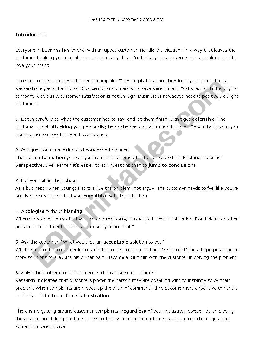 Customer Complaints worksheet