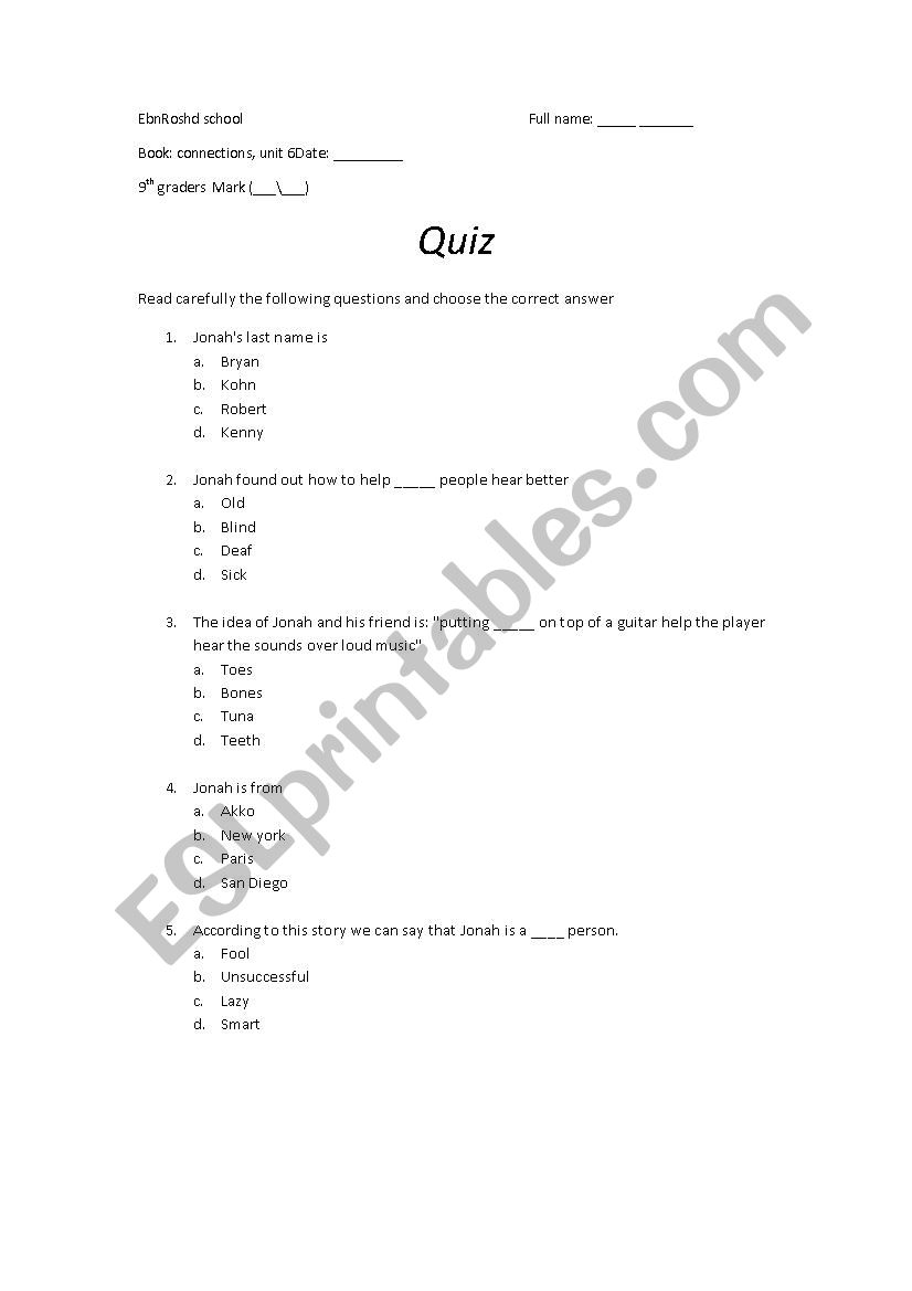 Jonah Cohn questions worksheet