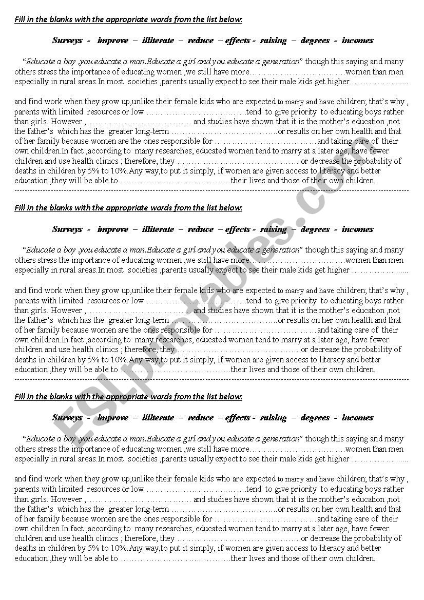 Vocabulary related to the theme of education (the importance of womenÂ´s literacy)