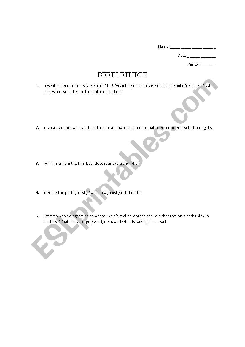Beetlejuice worksheet