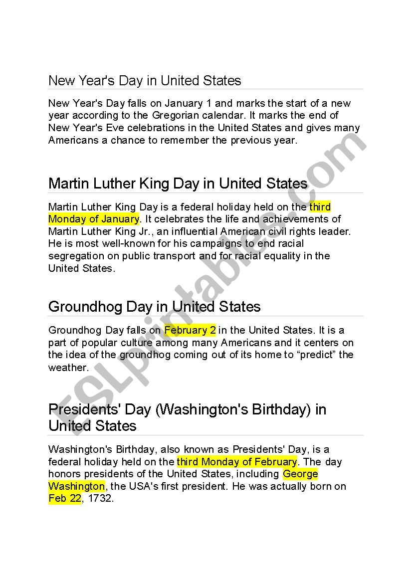 US Holidays and their dates worksheet