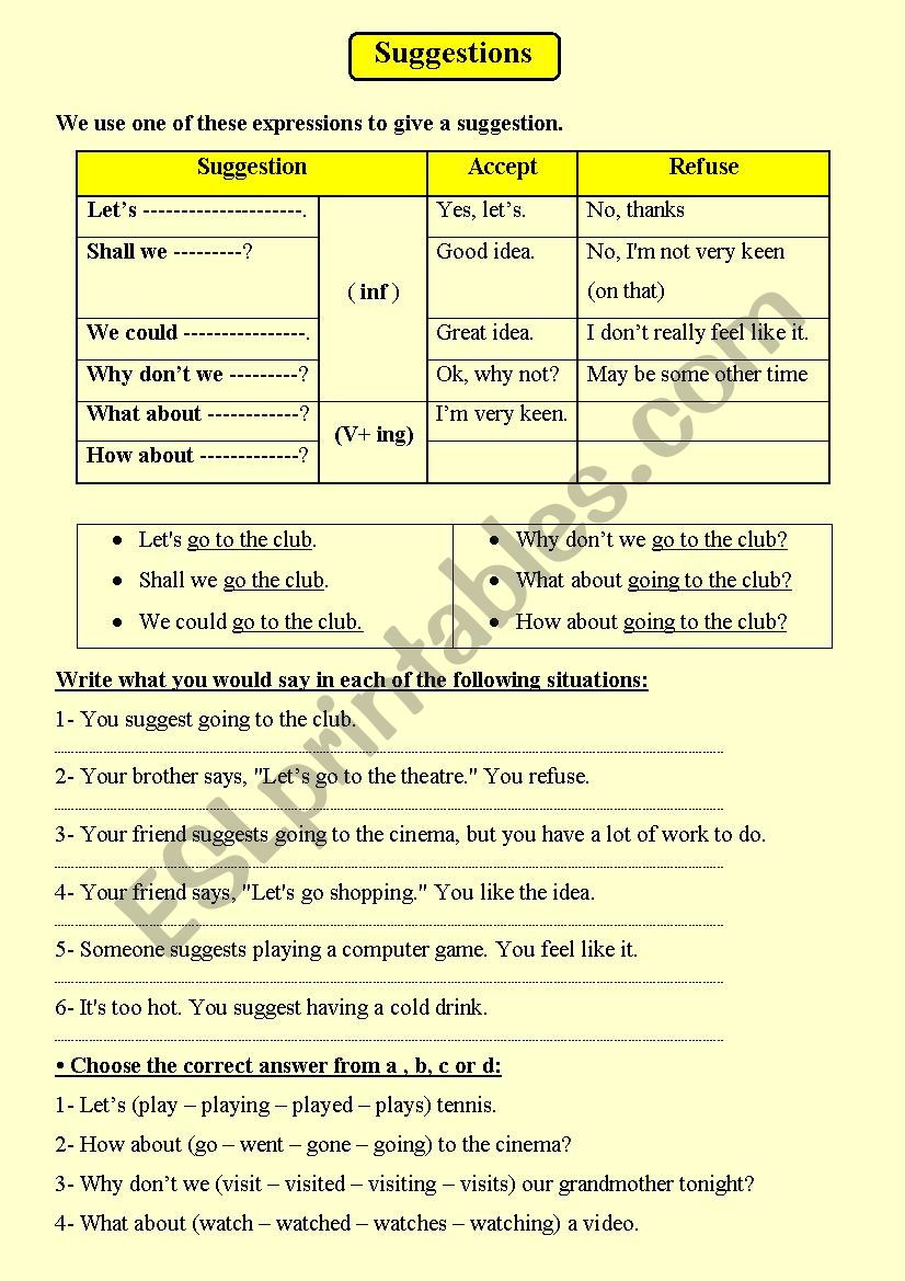 Suggestions worksheet