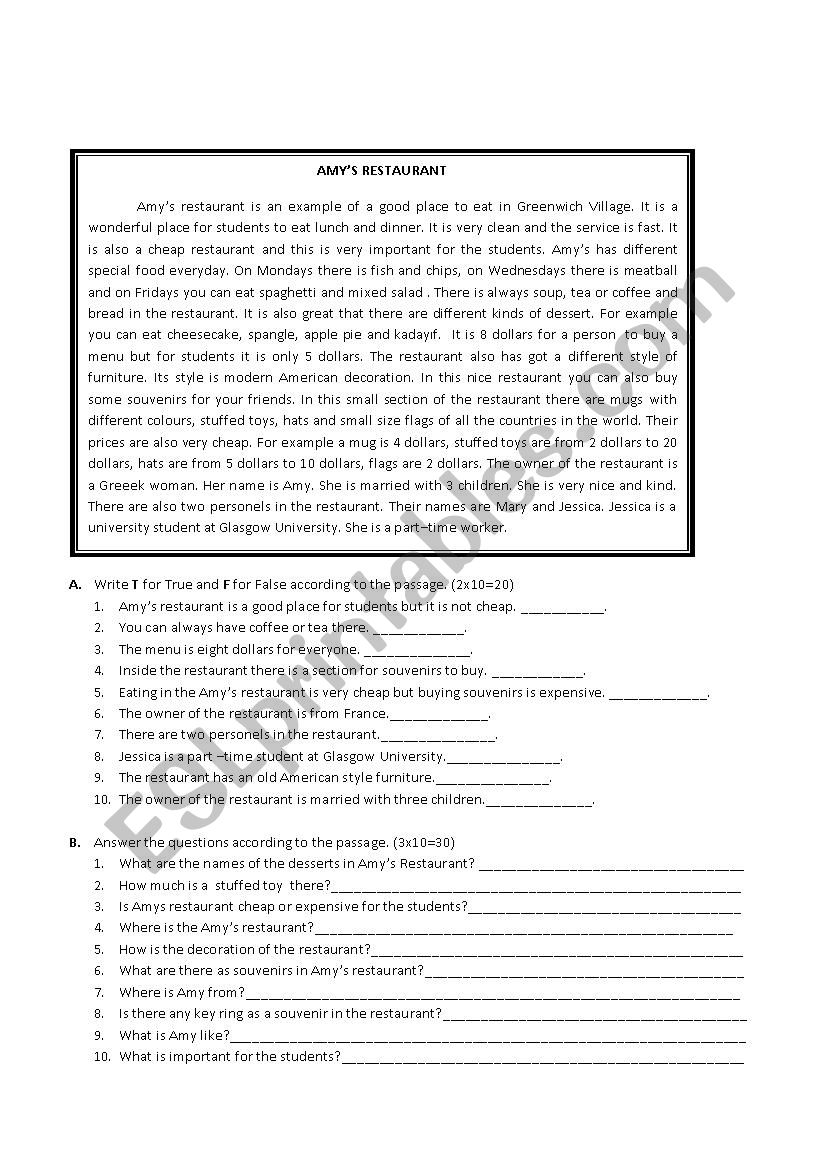 Reading and Vocabulary Worksheet