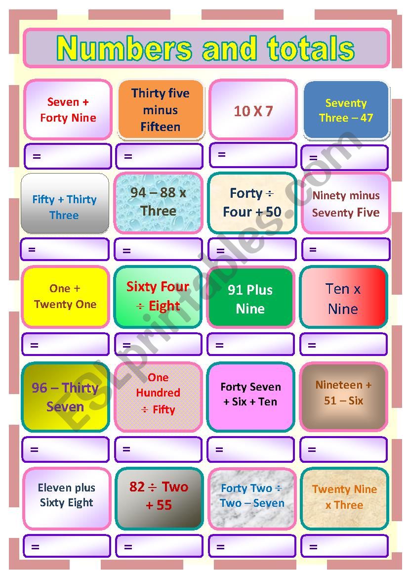 Numbers and Totals. worksheet