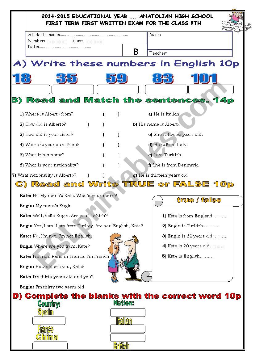 beginner level exam worksheet