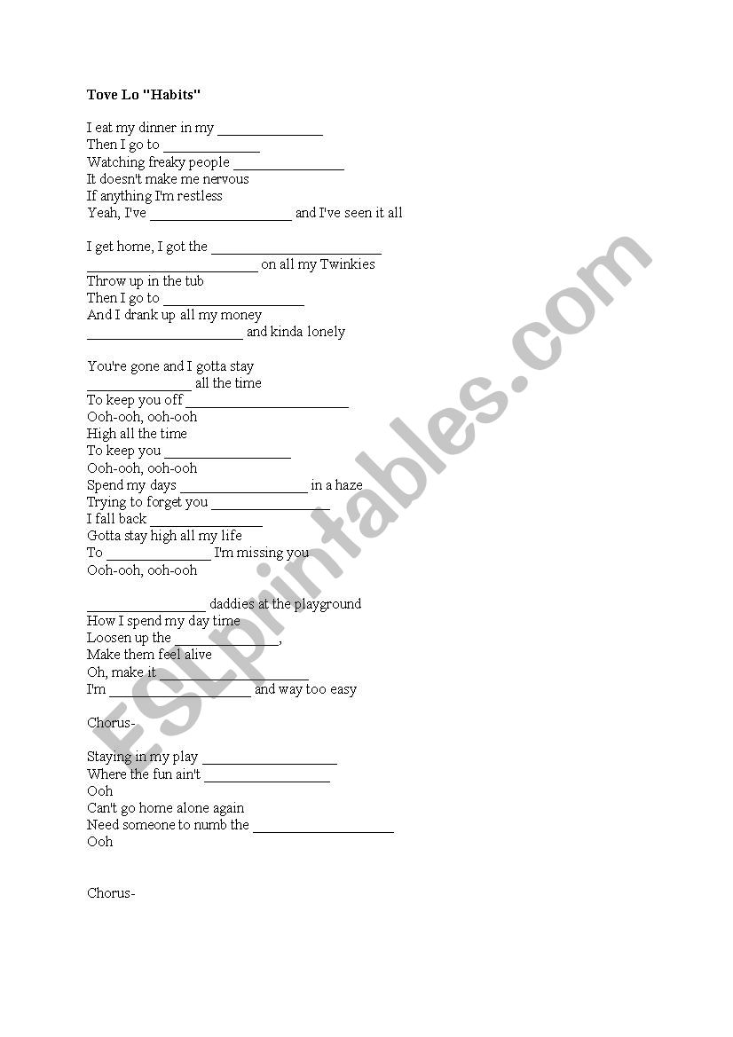 To Love- Habits song gap fill worksheet