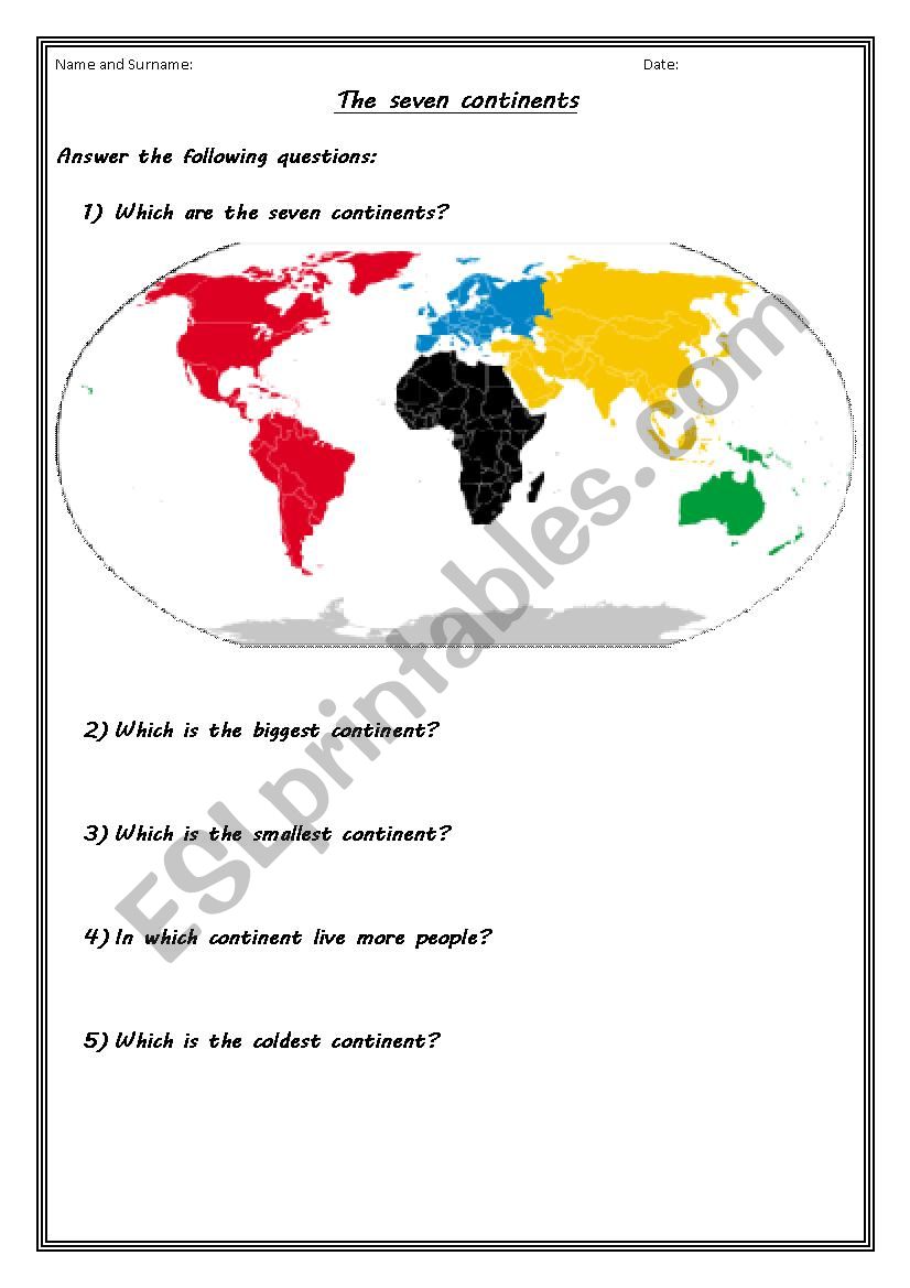 continents worksheet