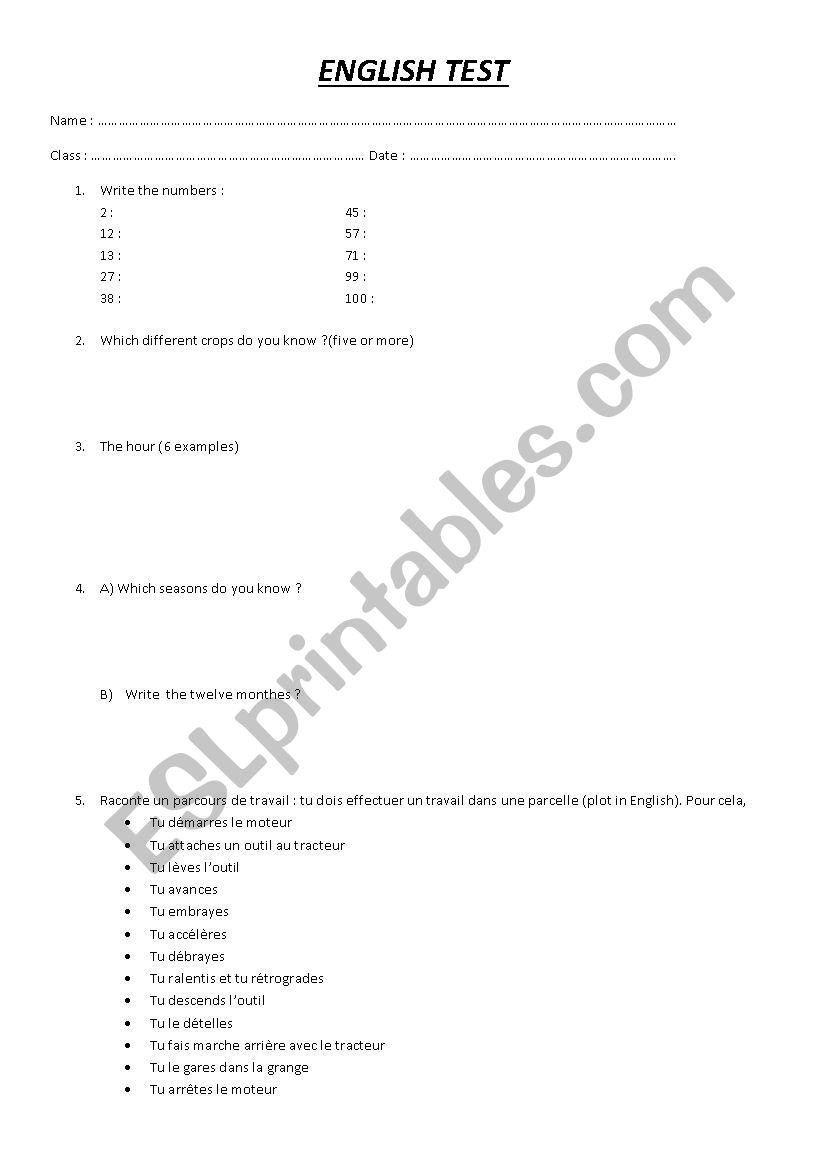 english test worksheet
