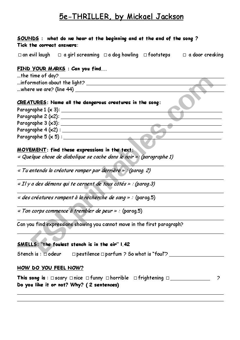 Thriller Michael Jackson worksheet