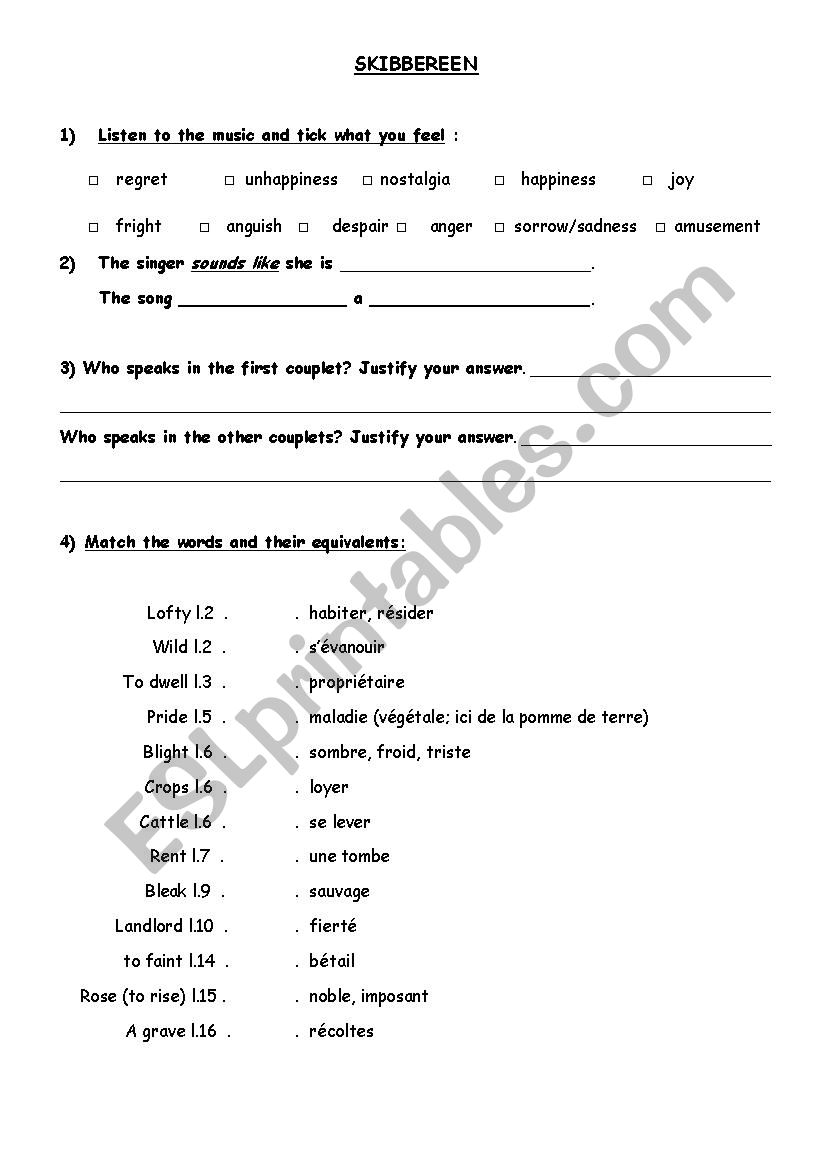 Skibbereen Sinead OConnor worksheet