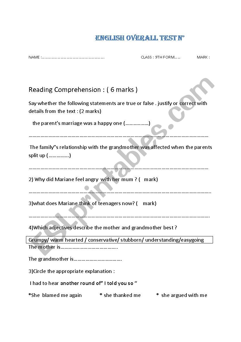 9th formfinal test 1 worksheet