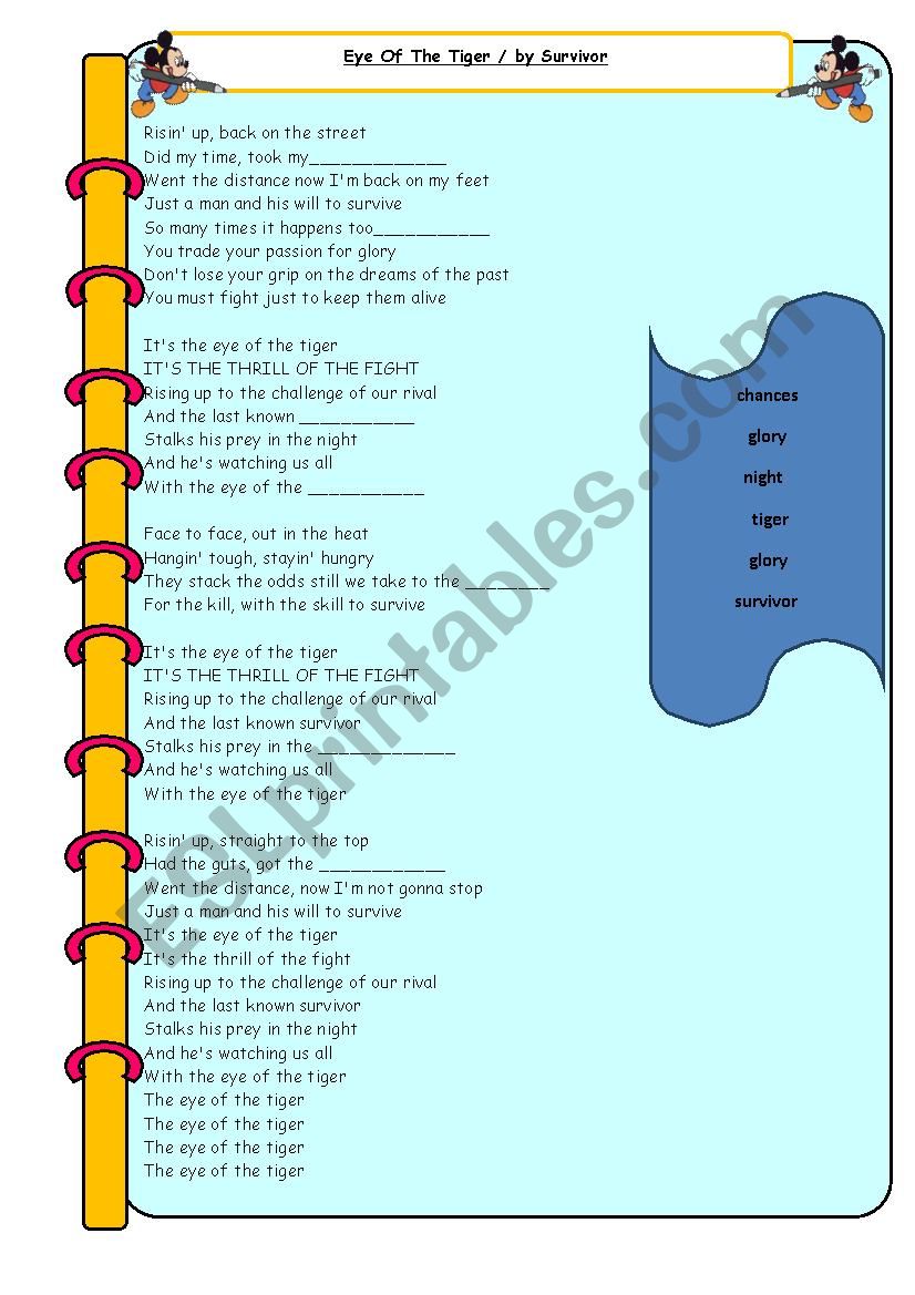 Eye Of The Tiger/by Survivor  worksheet