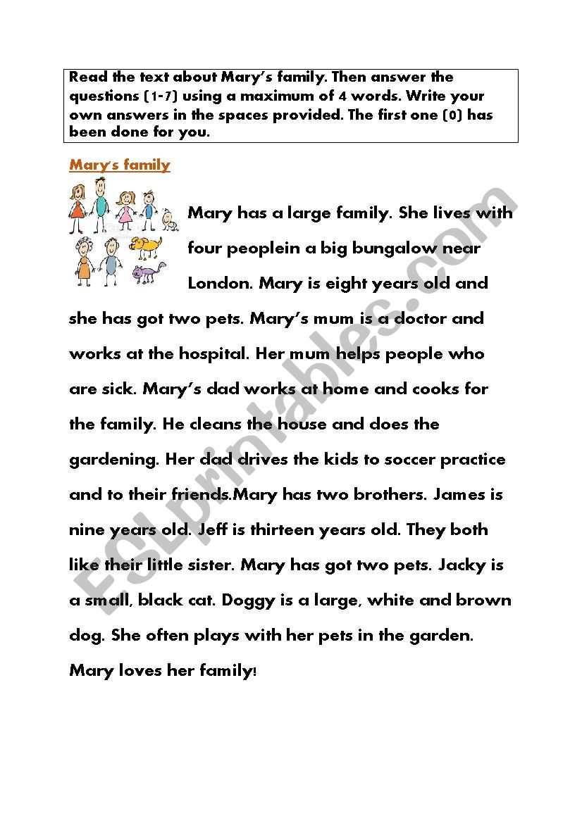 Marys family - reading exercise (note form)