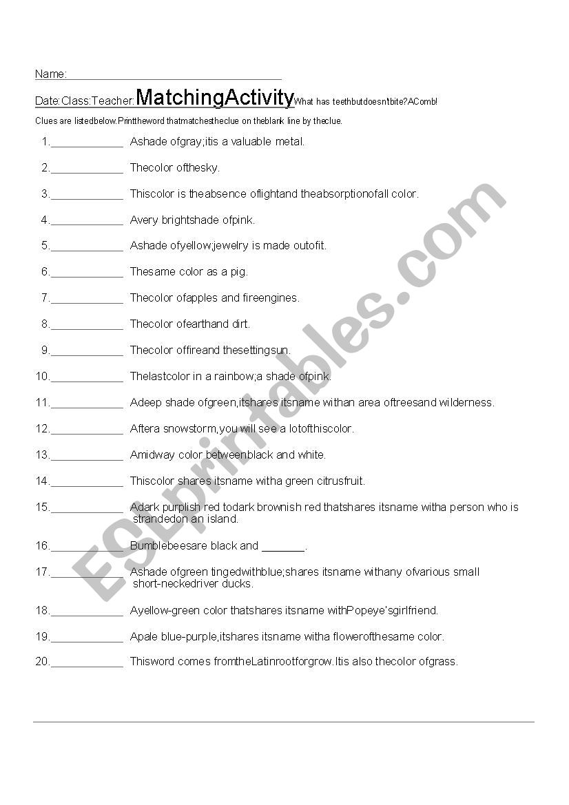 Colour matching worksheet