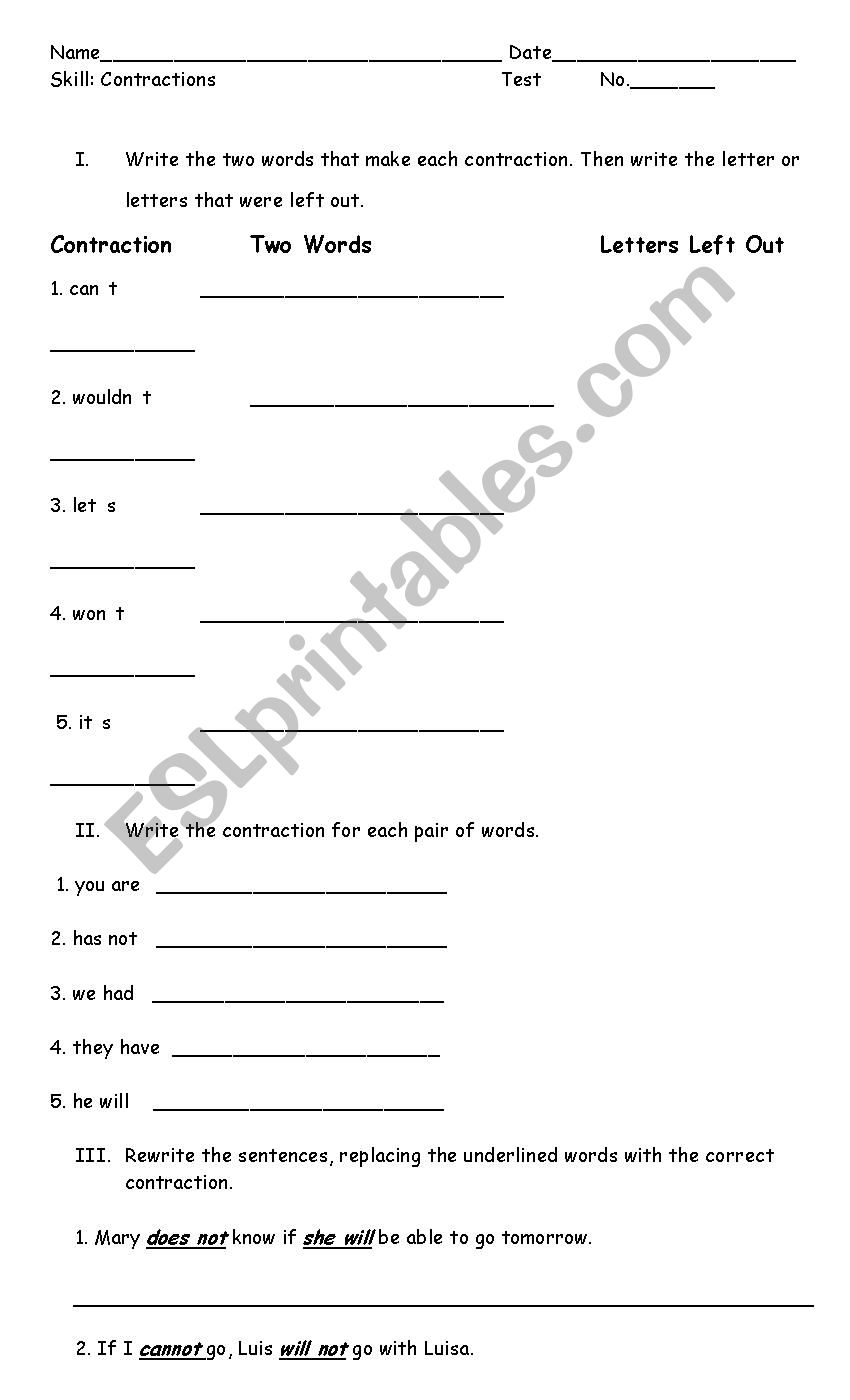 Contractions worksheet