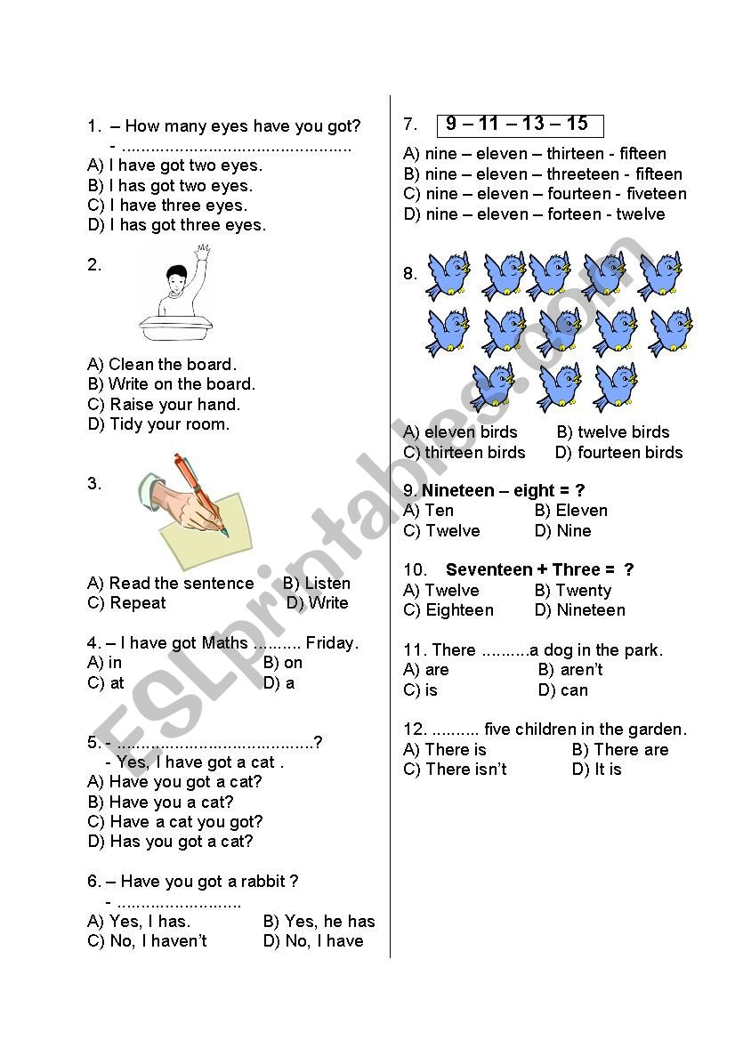4th grade test  worksheet