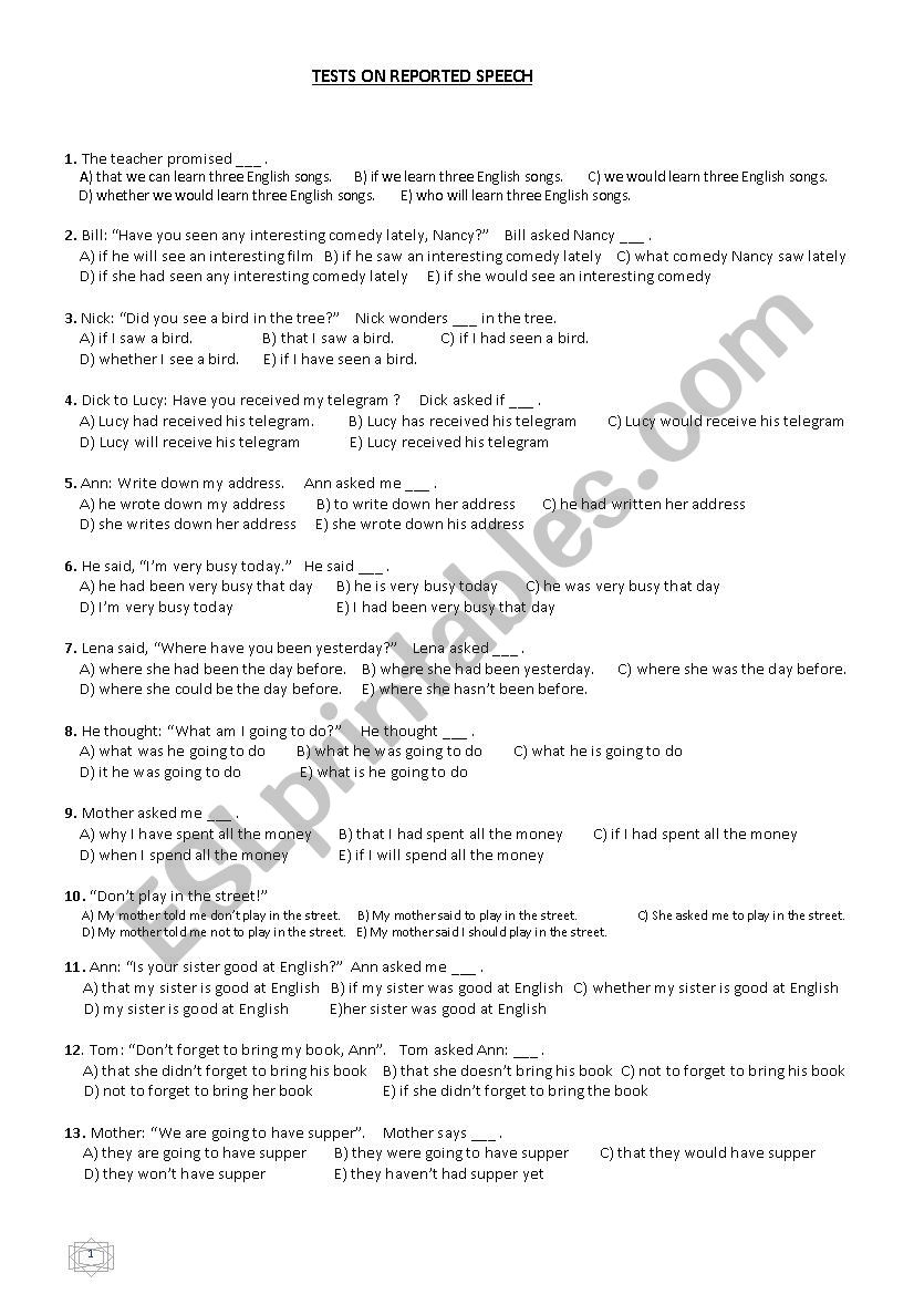 Multiple choice tests on Reported Speech