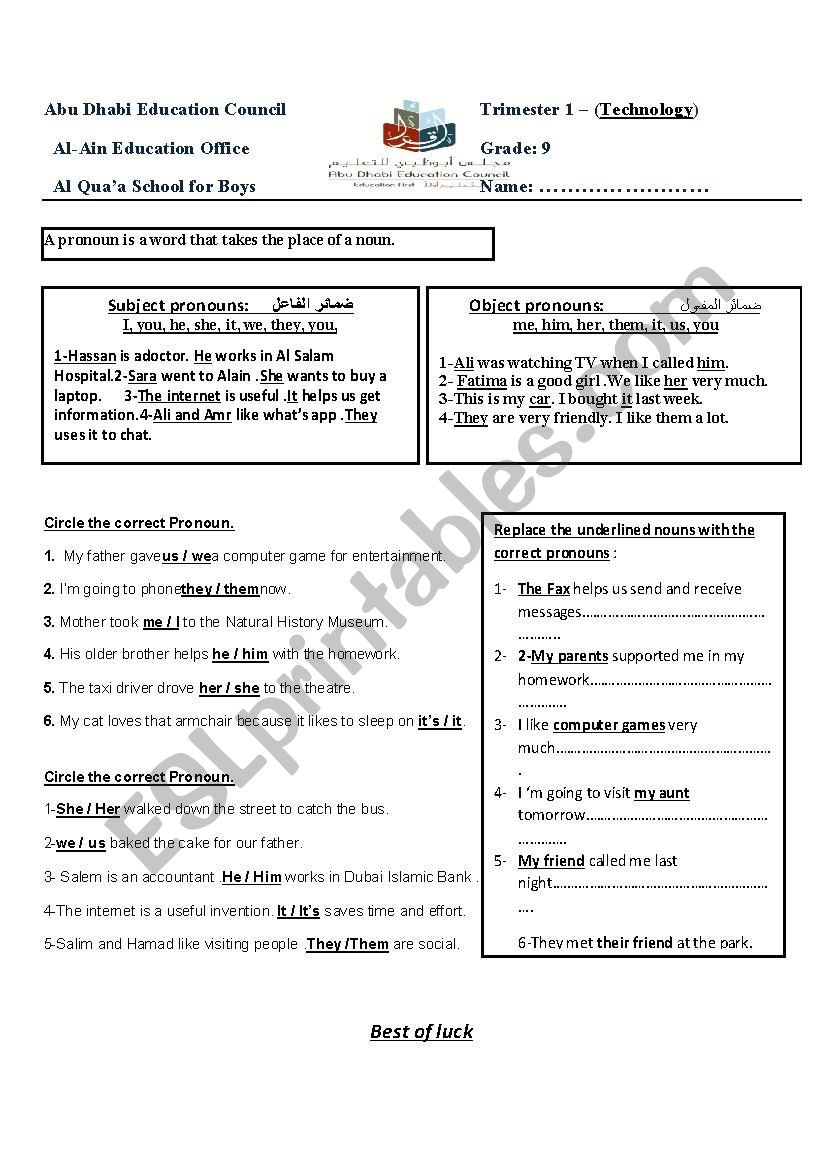 pronouns :subject pronouns and object pronouns