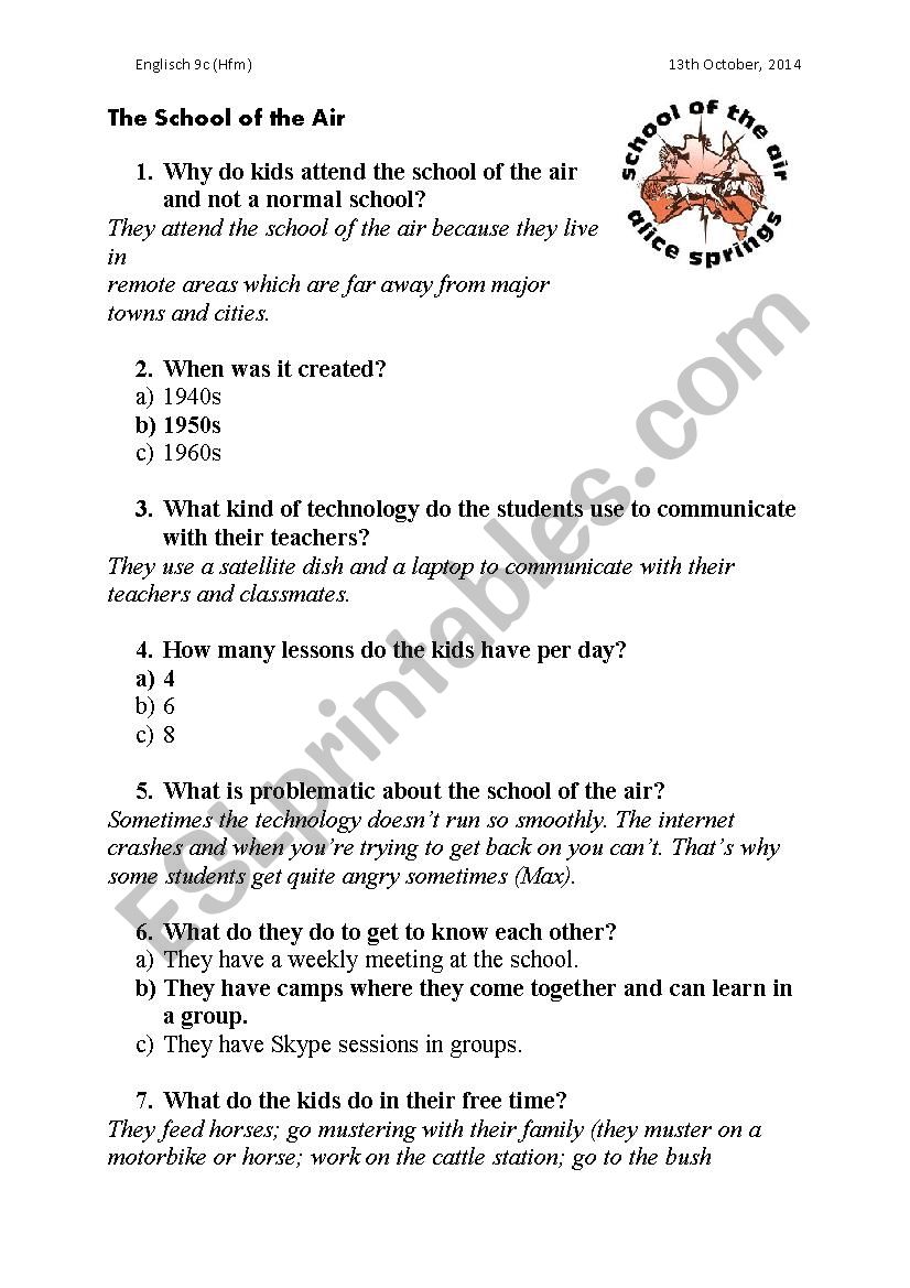 The school of the air  worksheet