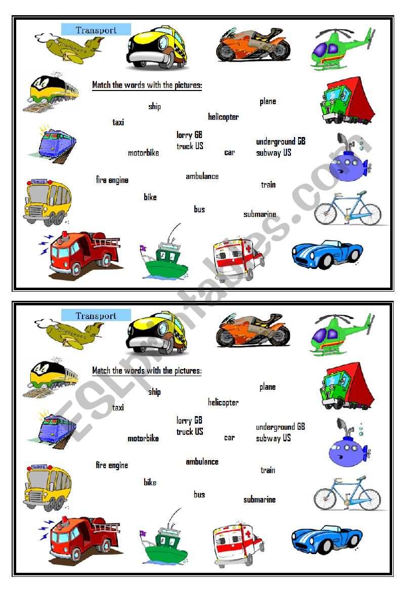 Transport pictionary worksheet