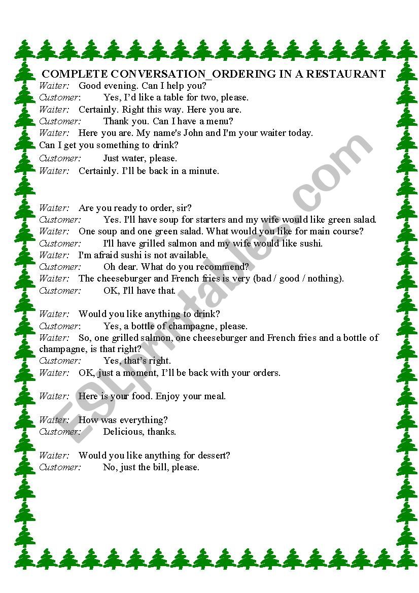 ORDERING FOOD IN A RESTAURANT ESL Worksheet By Thanhngaviethanit