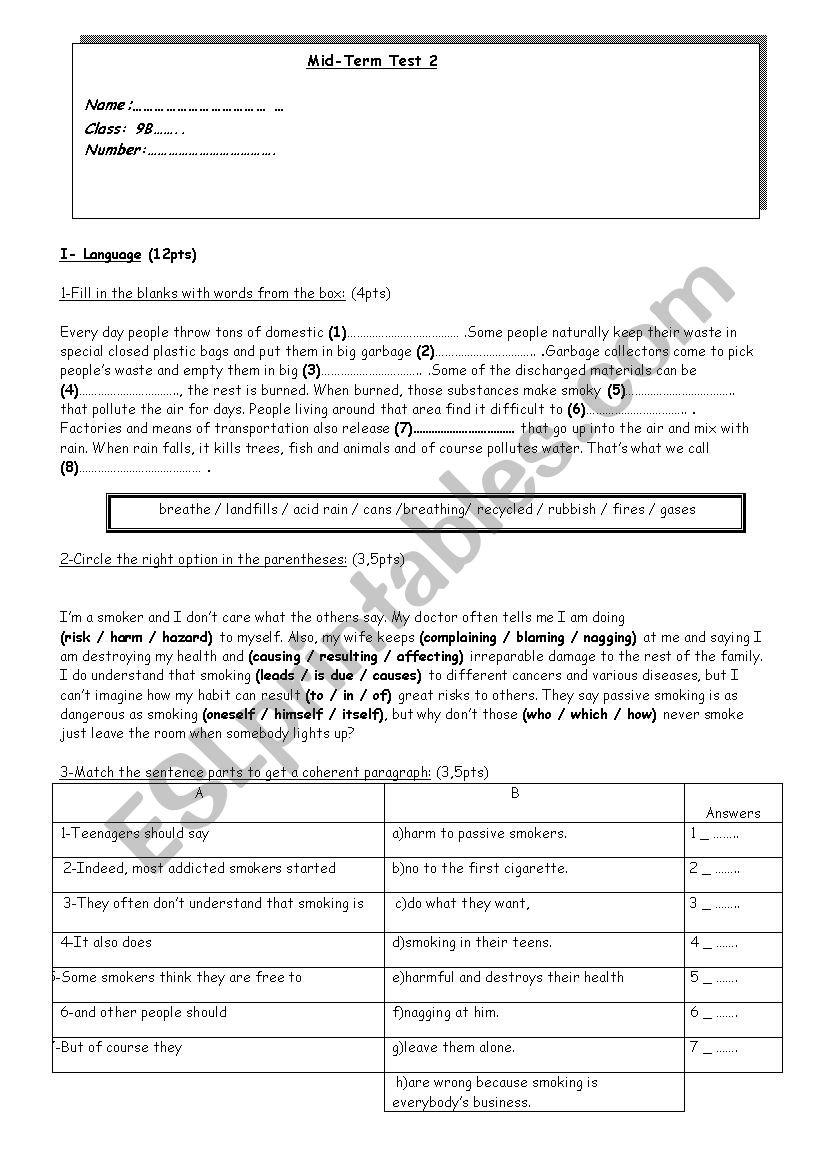 Mid-Term Test 2 9th Form Language