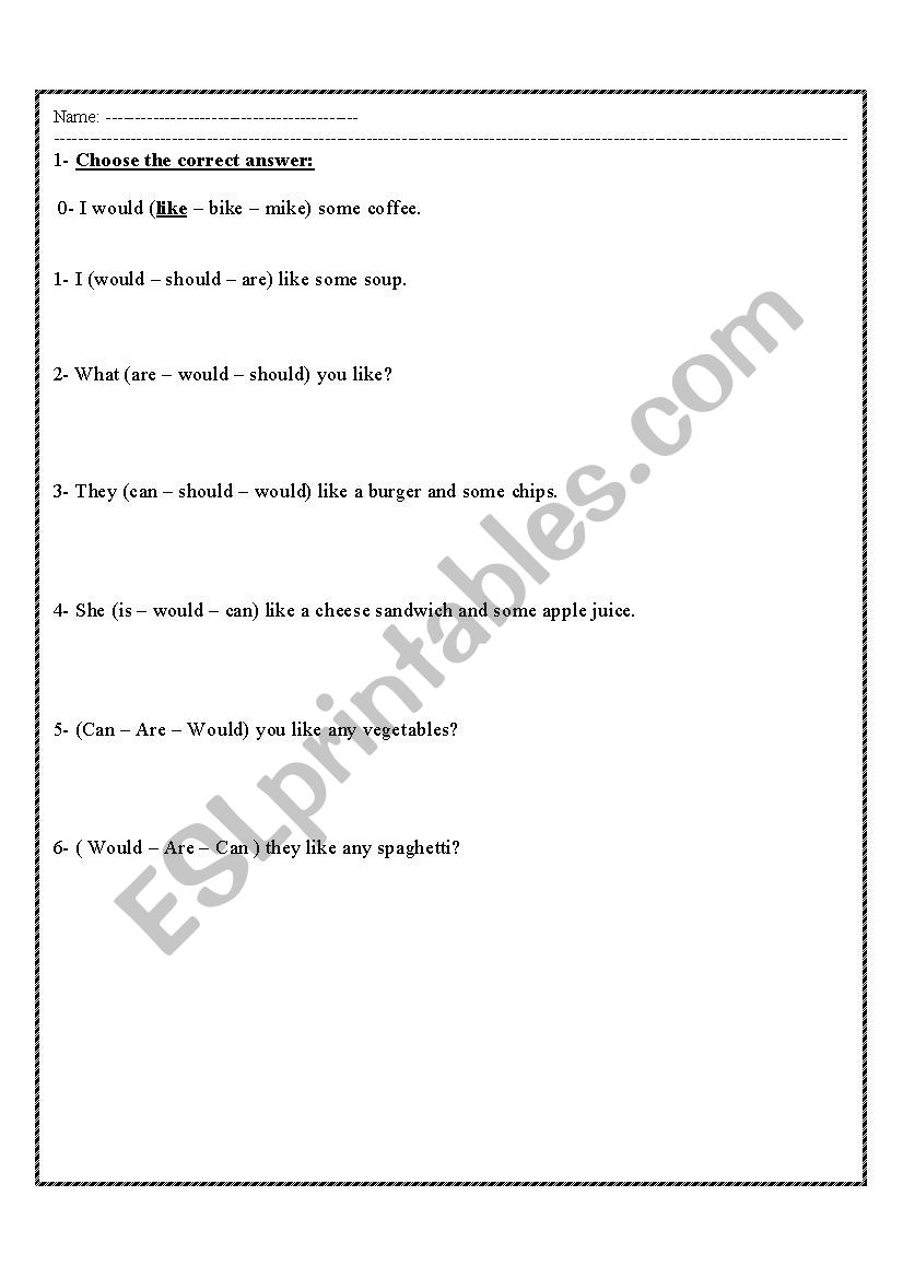 foods worksheet