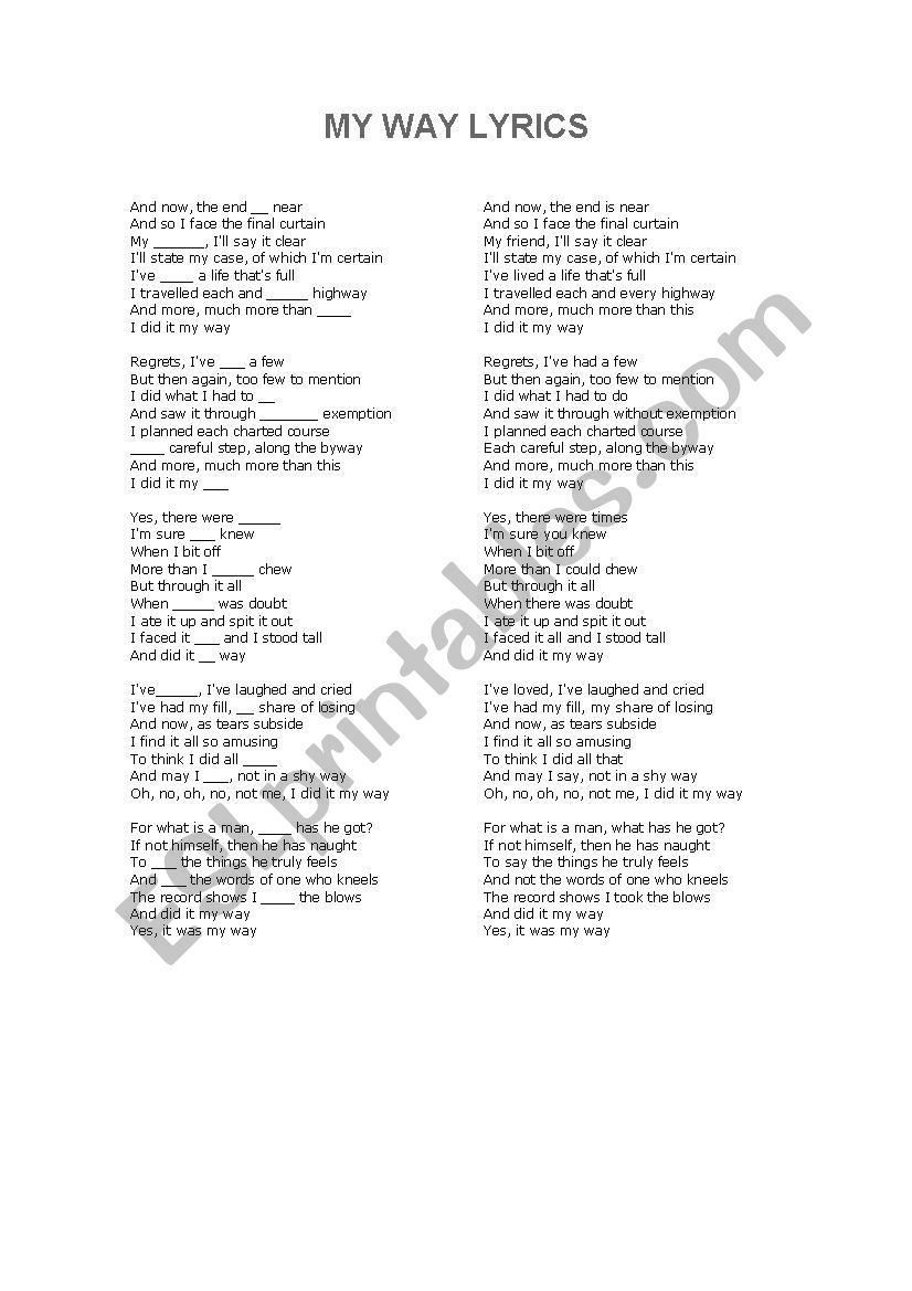 MY WAY song worksheet