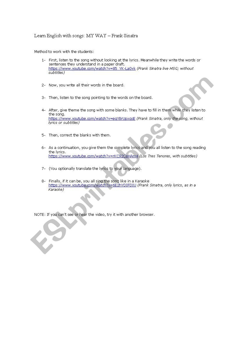My Way Song Esl Worksheet By Inglesbal My Way Song Esl Worksheet By Inglesbal
