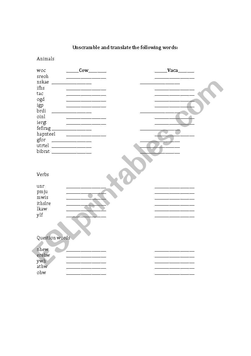 Animal Unscramble worksheet