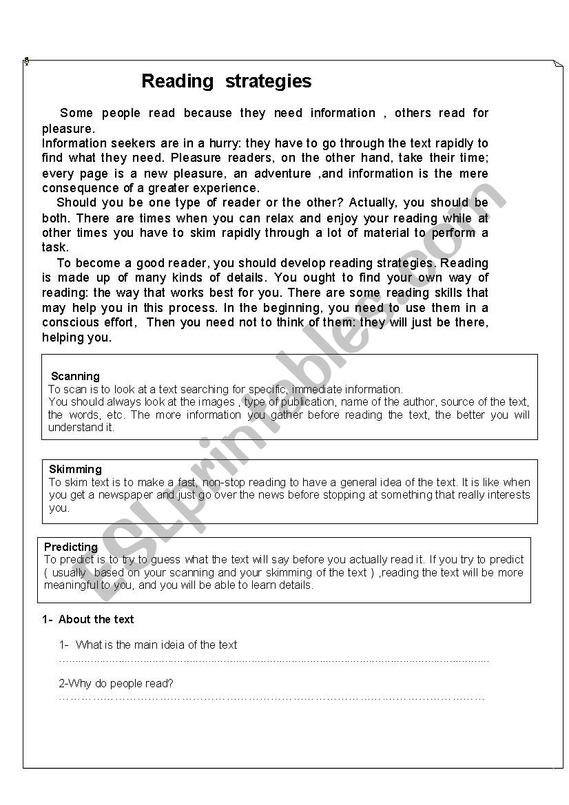 Reading strategies worksheet