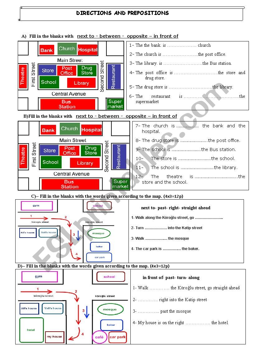 directions and prepositions worksheet