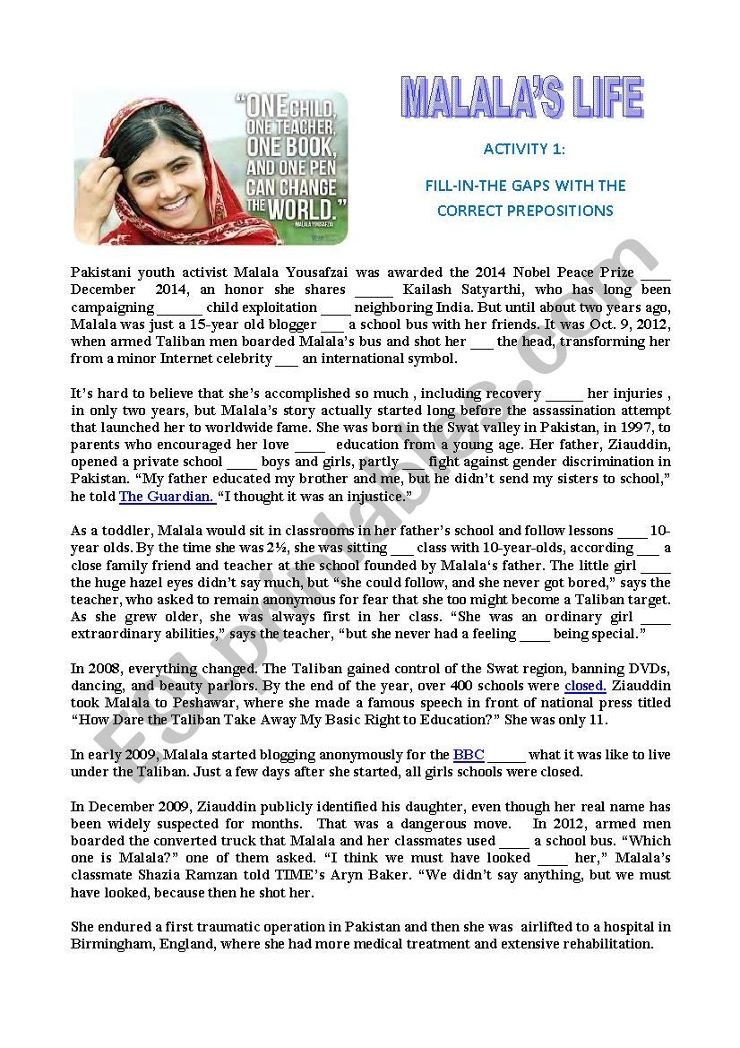 MALALAS LIFE AND SPEECH worksheet