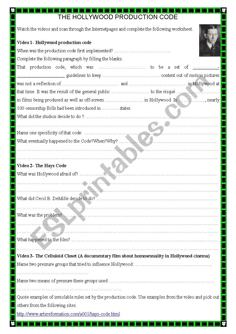 The Hollywood production code worksheet