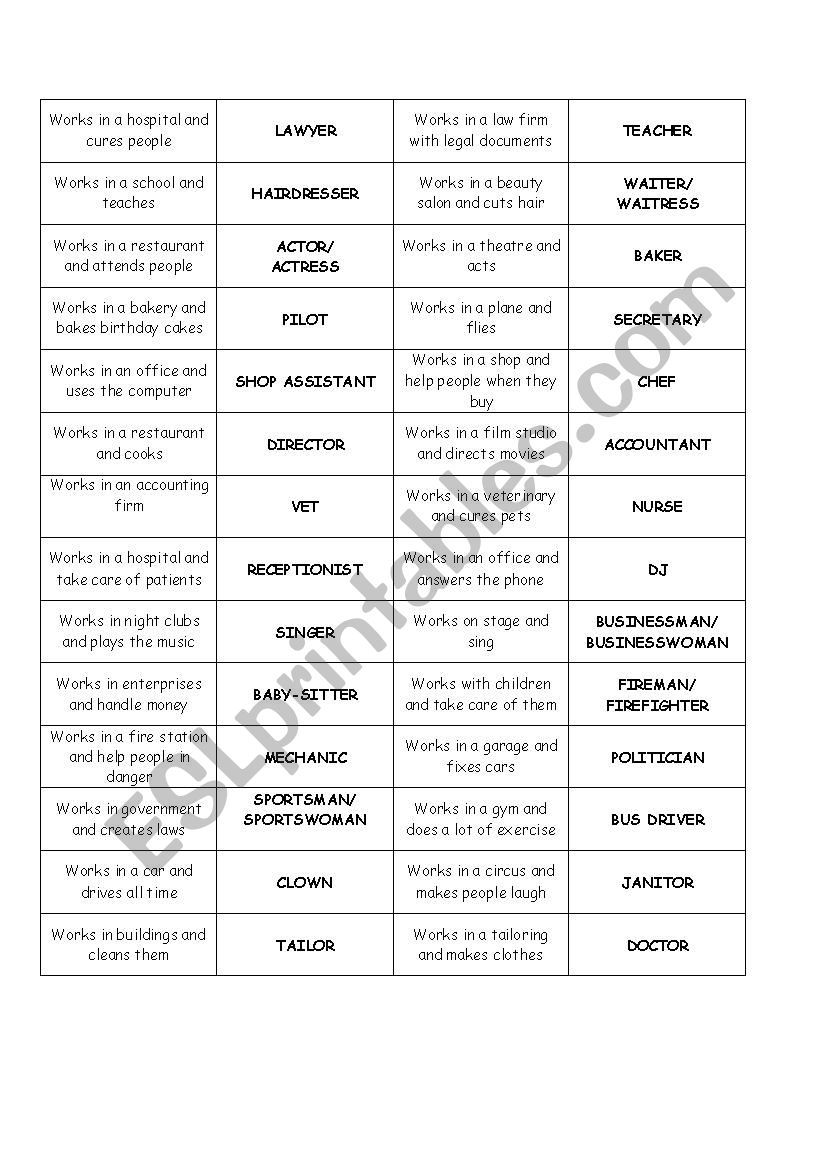 jobs game  worksheet