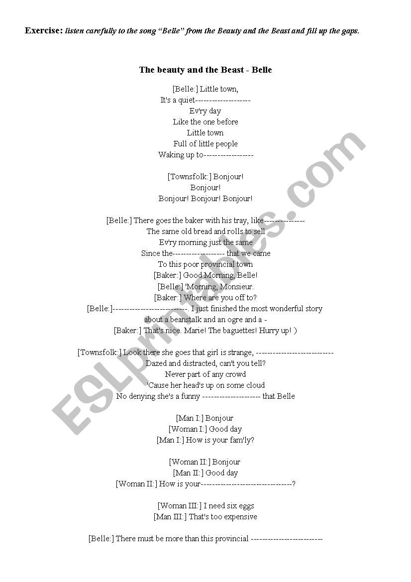 Belle Song From The Beauty And The Beast Esl Worksheet By Caco