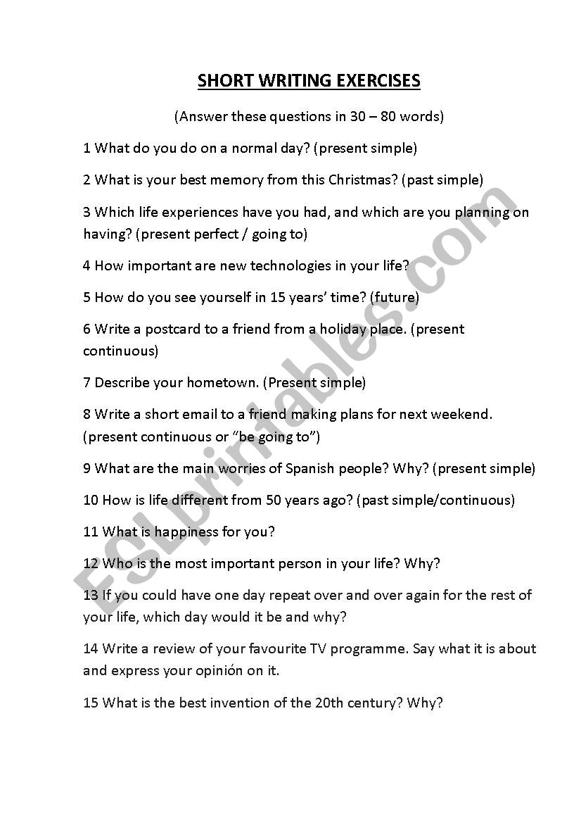 Short writing questions worksheet