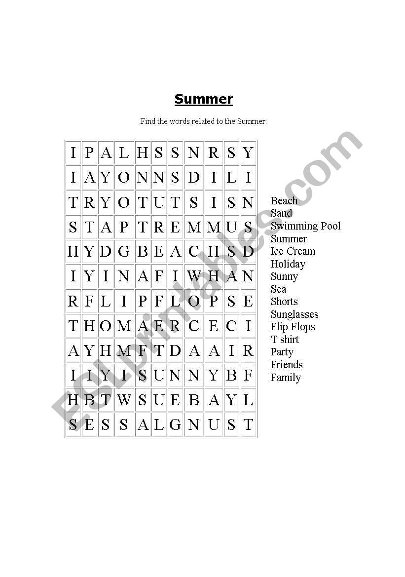 Summer Wordsearch worksheet