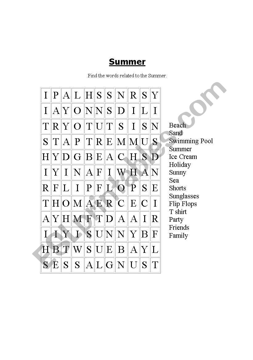 Summer Wordsearch worksheet