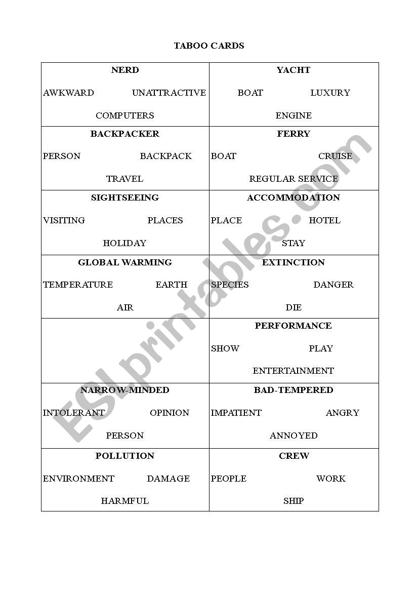 taboo cards worksheet