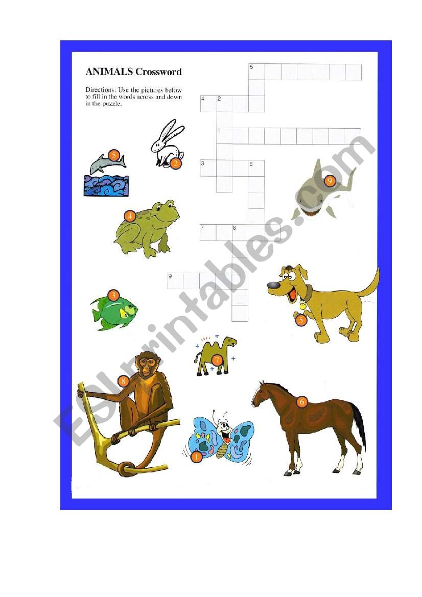 Animals crossword worksheet