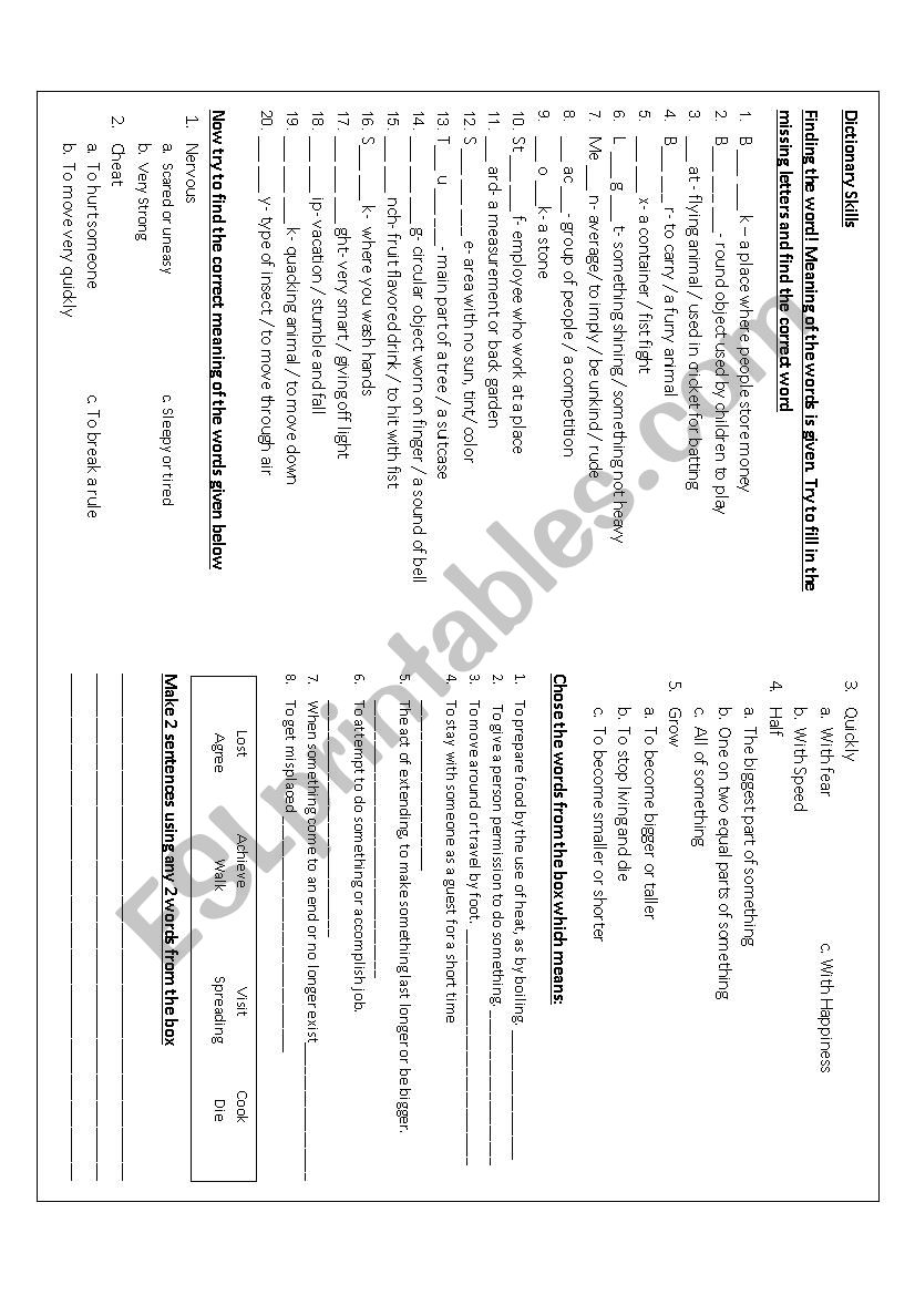 Dictionary Skills worksheet