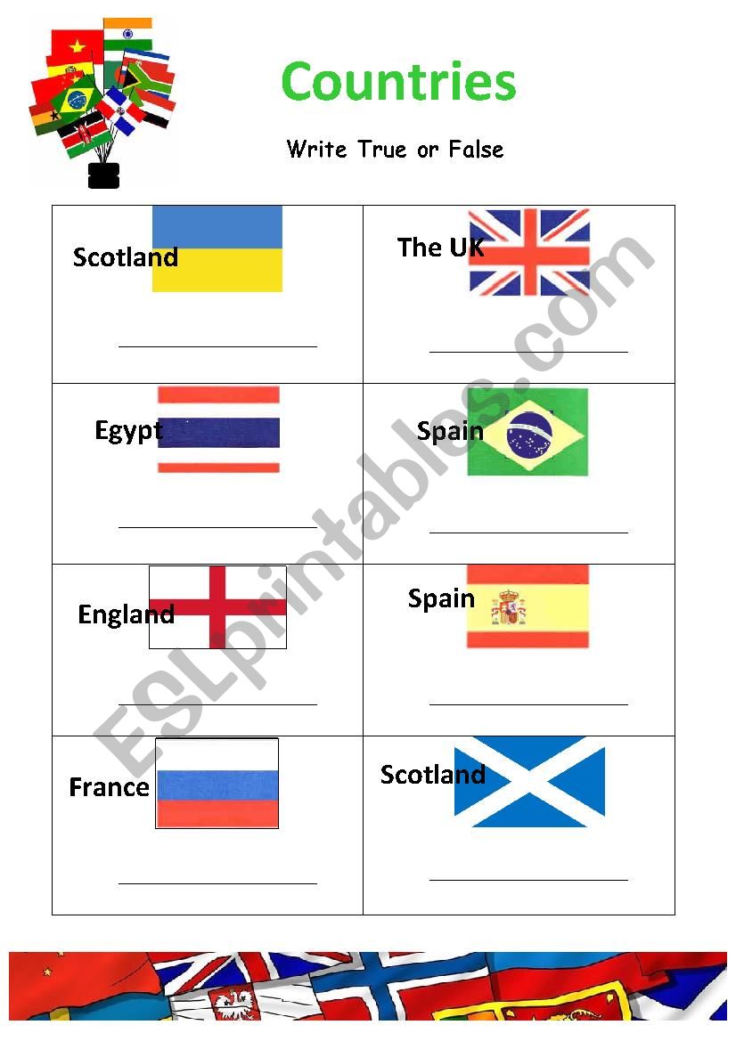 Countries True - False worksheet